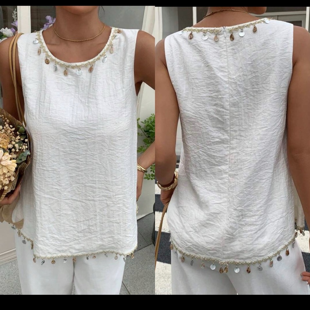 White ivory mother of pearls beaded embellished seashell shell relaxed fit top